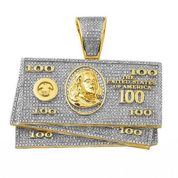 10 K Solid Gold Natural Diamond $100 Money Stack Pendant 1.00 Carats Hip Hop